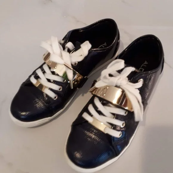 EUC Aldo Portus black and gold shiny patent-like finish sneaker 6 - Picture 2 of 6